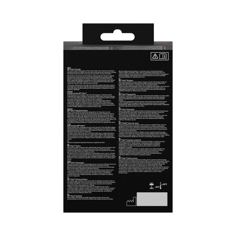 Kuvassa näkyy 3M™ PELTOR™ Optime™ I kapselikuulonsuojaimen kypärään H510P3E mustan laatikon takapuoli, 3M Deutschland GmbH, SNR 26 dB, keltainen. Valkoinen teksti useilla kielillä, turvallisuussymbolit ja lämpötila-alueen grafiikka ovat näkyvissä.