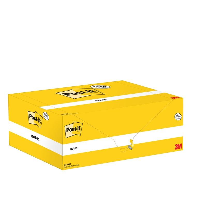 Keltainen, suorakulmainen laatikko 3M Deutschland GmbH:n Post-it®-muistilappuja, 76x127mm, 100 arkkia per lohko, 16 lohkoa plus 4 ilmaista per pakkaus, PEFC-sertifioitu. Suljettu laatikko merkinnällä on kuvattu valkoisella taustalla.