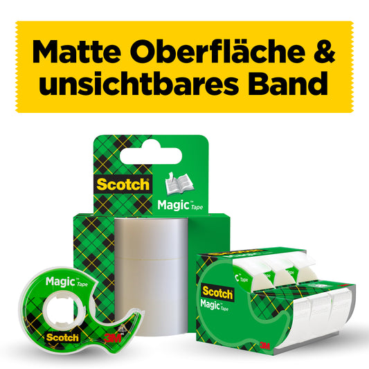 Unter einem gelben Banner mit der Aufschrift "Matte Oberfläche & unsichtbares Band" befindet sich ein Display mit Scotch® Magic™ Unsichtbares Klebeband der 3M Deutschland GmbH (19 mm x 25 m, 1 Rolle auf Handabroller plus 5 m gratis).