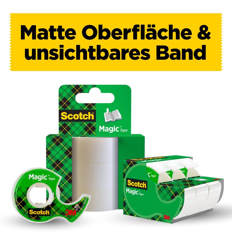 Näyttö, jossa on Scotch® Magic™ Näkymätön teippi 3M Deutschland GmbH:lta (2 rullaa, 19 mm x 7,5 m + 1 käsinauha ILMAISEKSI), keltaisella bannerilla, jossa lukee "Matta pinta & näkymätön teippi."
