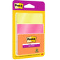 Pakkaus 3M Post-it® Super Sticky Notes -muistilappuja (76x76 mm, 45 arkkia, 3 lohkoa/pakkaus) eri väreissä, 100% PEFC-sertifioitu (SGSCH-PEFC-COC-110078), läpinäkyvässä pakkauksessa, jossa on 3M Deutschland GmbH:n logo.