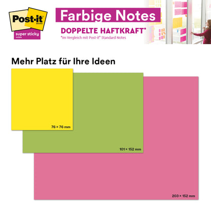 Drei Post-it® Super Sticky Meeting Notes (203 x 153 mm, verschiedene Farben, 70 Blatt/Block, 3 Blöcke/Pkg) von 3M Deutschland GmbH werden mit "Mehr Platz für Ihre Ideen" und "Doppelte Haftkraft" gezeigt. 100% PEFC-zertifiziert.