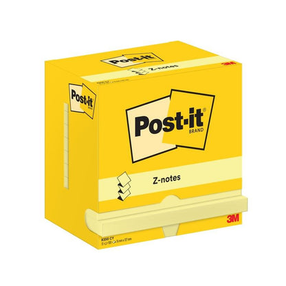 Keltainen Post-it® Super Sticky Z-Notes -laatikko 3M Deutschland GmbH:lta, 76 x 127 mm, 100 arkkia, kartonkipakkaus, jossa osittain vedettyjä vaaleankeltaisia lappuja ja tuotemerkin logo edessä.