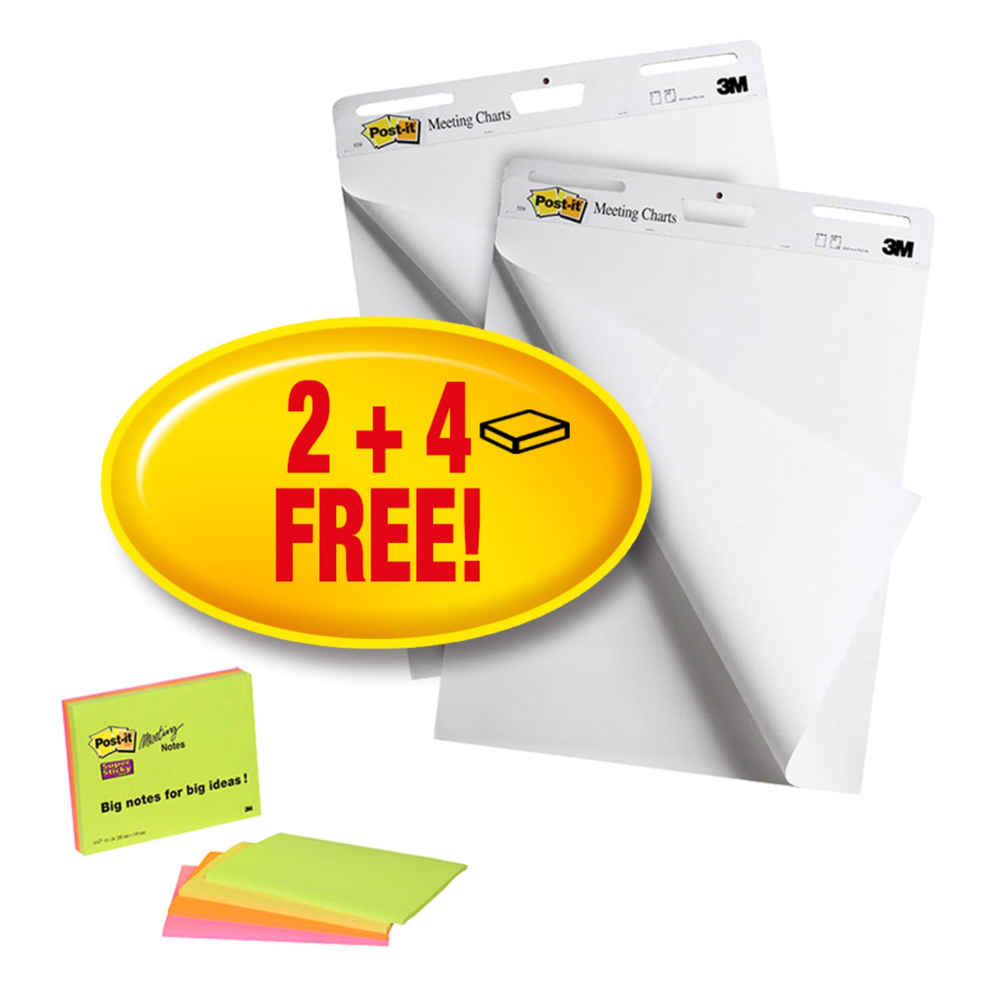 Eine Packung Post-it® Super Sticky Meeting Charts 559P (63,5 x 76,2 cm) und Neon Meeting Notes (2 Blöcke + 4 gratis), von 3M Deutschland GmbH, mit einem gelben "2 + 4 GRATIS!"-Aufkleber in der Mitte. 100% PEFC-zertifiziert.