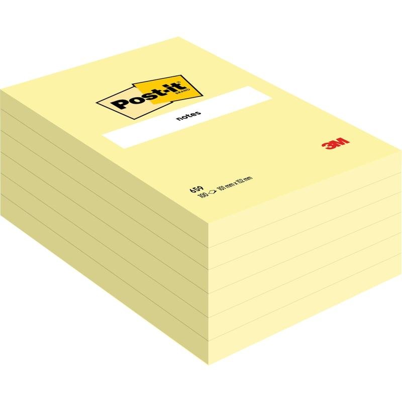 Pino uusia, suuria, keltaisia Post-it® Notes -muistilappuja (101 mm x 152 mm) 3M Deutschland GmbH:lta, siististi järjestettyinä lohkoina ja päällä "notes"-etiketti.