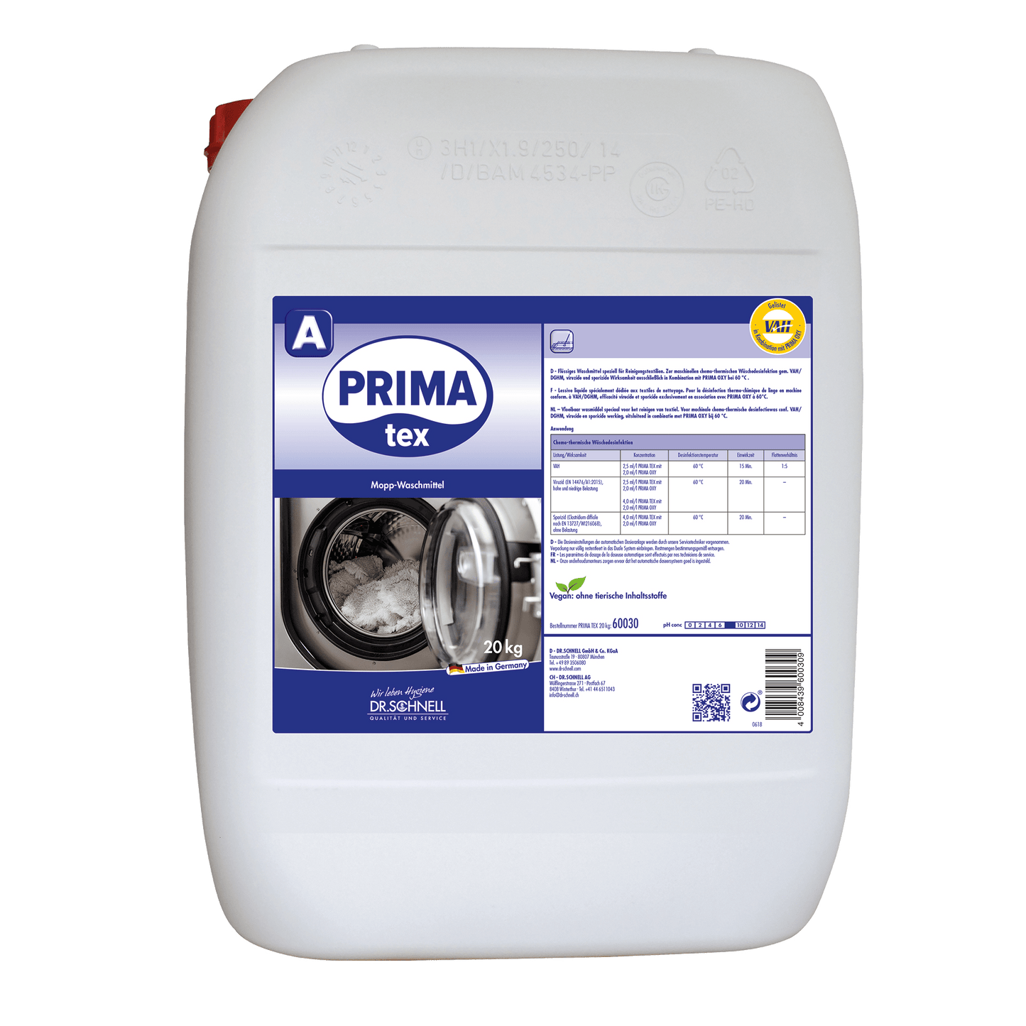 Suuri valkoinen 20 kg muovisäiliö, jossa on merkintä "Dr. Schnell PRIMA TEX" DR.SCHNELL GmbH & Co. KGaA:lta, on varustettu sinisellä etiketillä, jossa on pesukonekuva, annostelutaulukko ja keltainen sertifiointimerkki - ihanteellinen ammattimaiseen puhdistukseen.