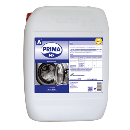 Suuri valkoinen 20 kg muovisäiliö, jossa on merkintä "Dr. Schnell PRIMA TEX" DR.SCHNELL GmbH & Co. KGaA:lta, on varustettu sinisellä etiketillä, jossa on pesukonekuva, annostelutaulukko ja keltainen sertifiointimerkki - ihanteellinen ammattimaiseen puhdistukseen.