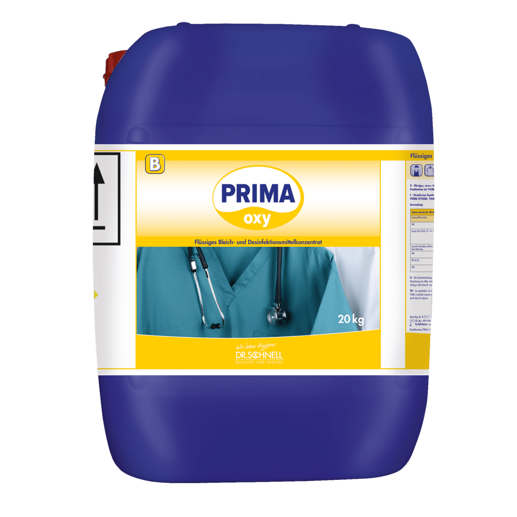 Suuri sininen 20 kg Dr. Schnell PRIMA OXY pyykkidesinfiointi automaattinen annostelu DR.SCHNELL GmbH & Co. KGaA:n säiliö ammattimaiseen pyykkidesinfiointiin, lääketieteellisellä kuvioinnilla, käytettäväksi nestemäisenä valkaisu- ja desinfiointiaineena.