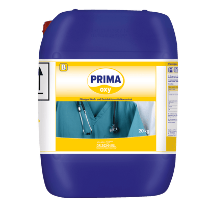 Suuri sininen 20 kg Dr. Schnell PRIMA OXY pyykkidesinfiointi automaattinen annostelu DR.SCHNELL GmbH & Co. KGaA:n säiliö ammattimaiseen pyykkidesinfiointiin, lääketieteellisellä kuvioinnilla, käytettäväksi nestemäisenä valkaisu- ja desinfiointiaineena.
