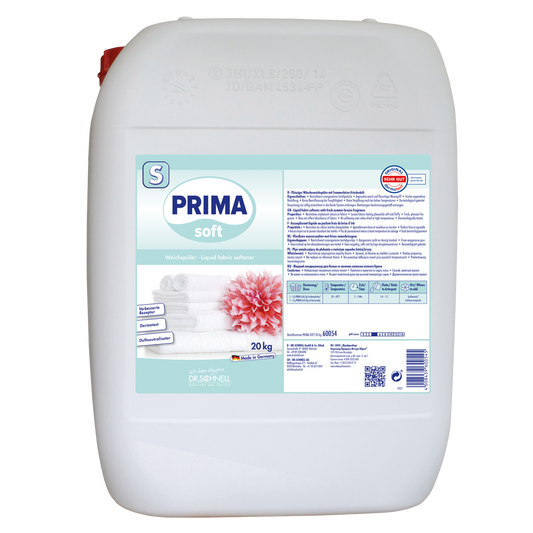 Ein weißer 20-kg-Kunststoffbehälter von Dr. Schnell PRIMA SOFT soft Weichspüler der DR.SCHNELL GmbH & Co. KGaA, mit einem blau-weißen Etikett mit gefalteten Handtüchern, einer rosafarbenen Blume und Produktangaben in deutscher Sprache.
