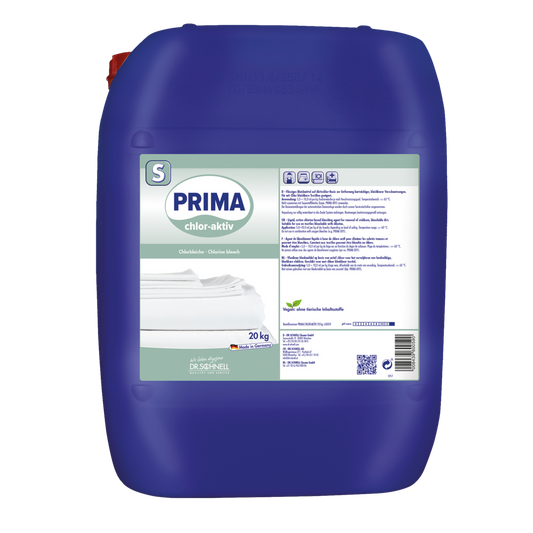Ein blauer 20-kg-Kunststoffkanister mit der Aufschrift "Dr. Schnell PRIMA CHLOR-AKTIV" der DR.SCHNELL GmbH & Co. KGaA enthält flüssiges Bleichmittel mit Aktivchlor für optimale Wäschehygiene, mit Produktinformation, Sicherheitssymbolen und gefalteter Wäsche auf der Vorderseite.