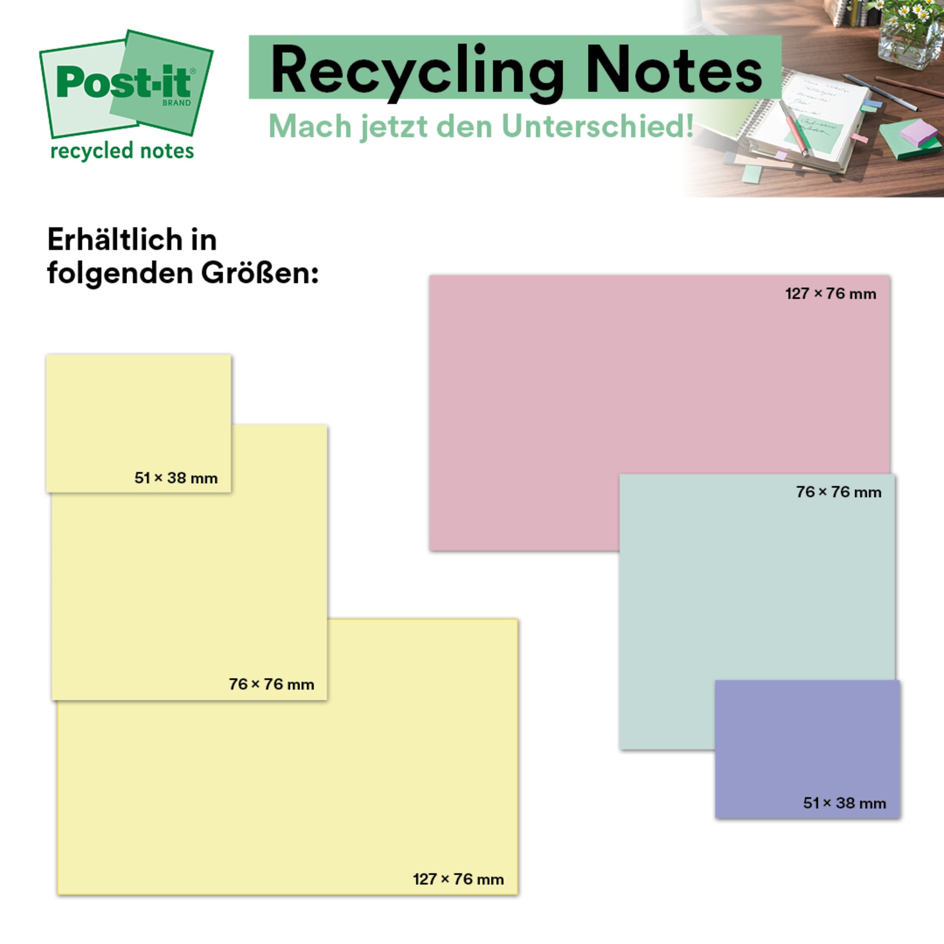 Eine Werbegrafik für Post-it® Recycling Notes (76x76 mm, 100 Blatt, 100% PEFC, 3M Deutschland GmbH) zeigt gelbe, rosa, blaue und grüne Notizzettel sowie oben rechts Schreibtischartikel. Auch andere Größen erscheinen: 51x38 mm und 127x76 mm.