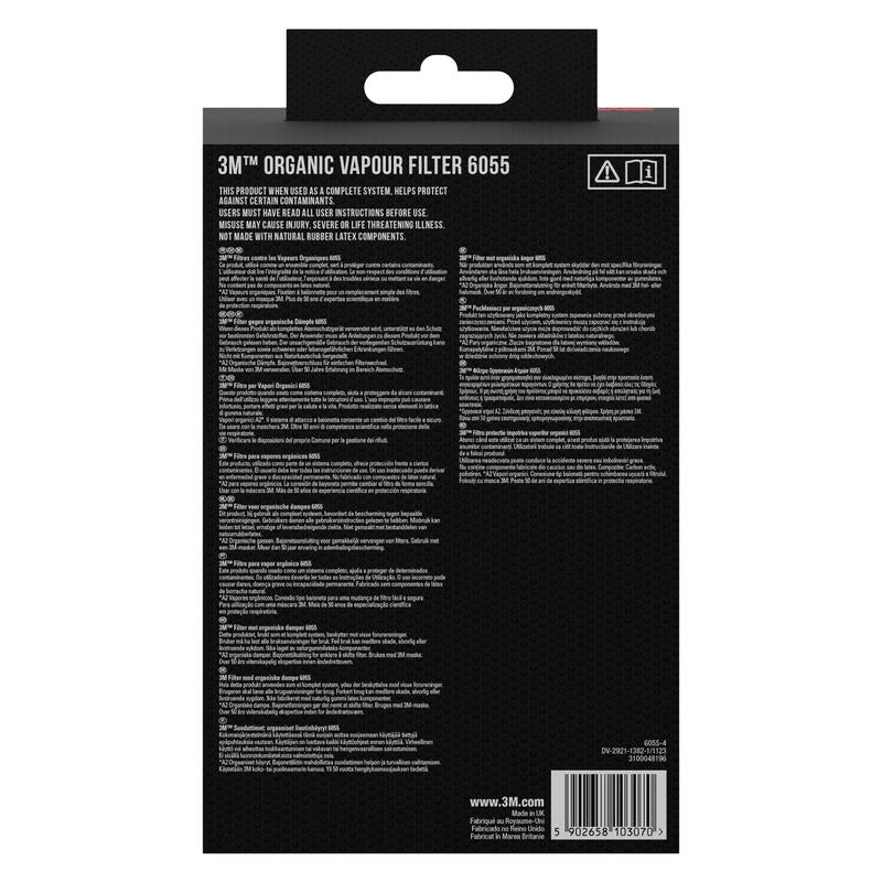 3M™ 6055-suodatinpatruunan, A2 Orgaaniset höyryt, 3M Deutschland GmbH:lta pakkauksen takanäkymä, jossa on monikielisiä ohjeita, tuotetietoja, varoituksia, viivakoodi ja verkkosivusto mustassa pakkauksessa valkoisella tekstillä.
