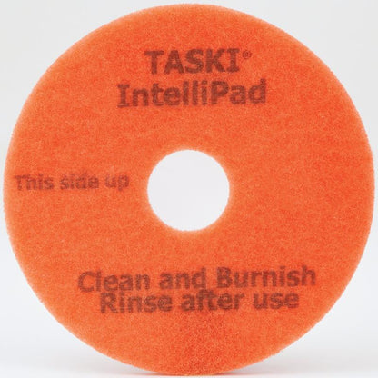 Das TASKI Intellipad Kombiniertes Reinigungs- und Polierpad für Unterhaltsreinigung von Diversey Deutschland GmbH & Co. OHG ist ein orangefarbenes, kreisförmiges Pad mit einem Loch in der Mitte und der Aufschrift "TASKI IntelliPad", "This side up" und "Clean and Burnish, Rinse after use" in grauer Schrift.