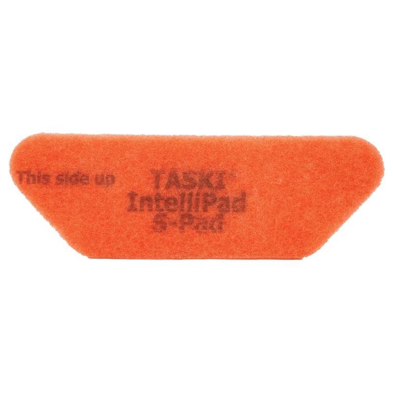 Kirkkaan oranssi, suorakulmainen TASKI Intellipad S-Pad puhdistus- ja kiillotustyyny Diversey Deutschland GmbH & Co. OHG:lta, jossa on viistetyt reunat ja teksti "This side up TASKI IntelliPad S-Pad", kuvattu käyttämättömänä valkoisella taustalla. Pakkaus (1 kappale).