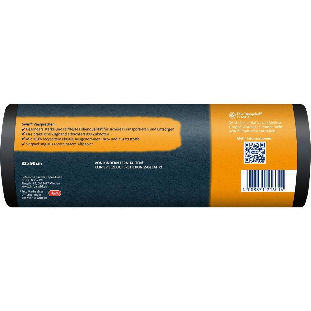 Yksi rulla Swirl raskaskäyttöisiä säkkejä, joissa on kiristysnauha, 120 l (12 pussia) Melitta Europa GmbH & Co. KG:ltä, jossa saksankielinen teksti viittaa repeämättömiin, vuotamattomiin säkkeihin. Pakkaus näyttää viivakoodin ja tuotetiedot.