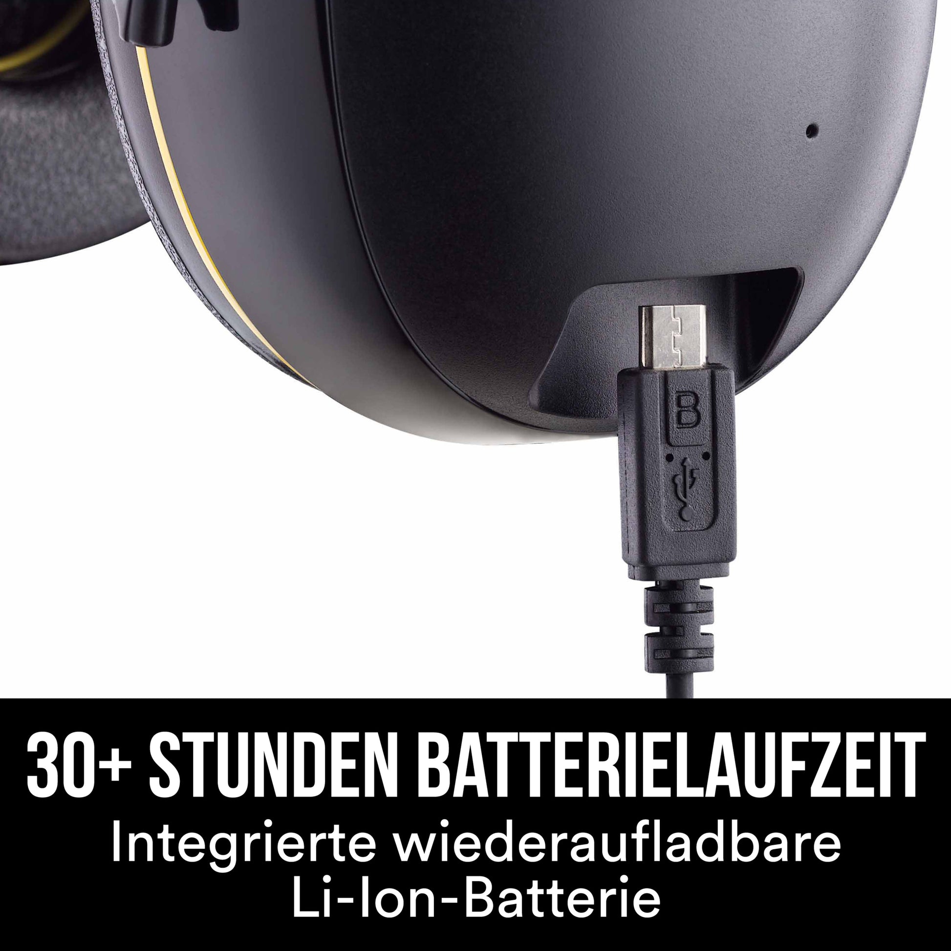 Nahaufnahme des 3M™ WorkTunes™ Connect Kapselgehörschutz 90543E (schwarz) beim Aufladen über USB. Der deutsche Text lautet: "30+ Stunden Batterielaufzeit, integrierte wiederaufladbare Li-Ion-Batterie.