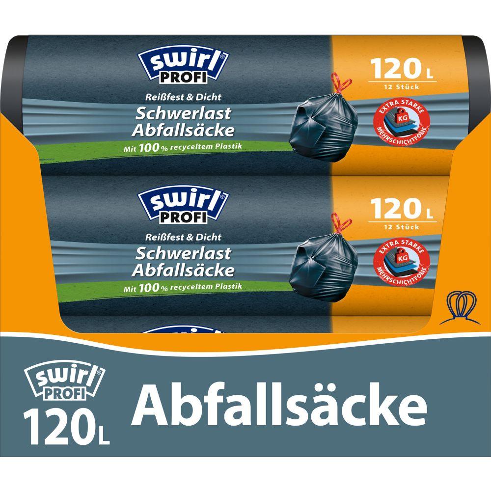 Kuvassa on kaksi rullaa roskapusseja Swirl raskaskäyttöisiä säkkejä (Melitta Europa GmbH & Co. KG:ltä), kukin 120 litraa ja 12 pussia per rulla, 100% kierrätetystä muovista sinisessä ja oranssissa pakkauksessa.