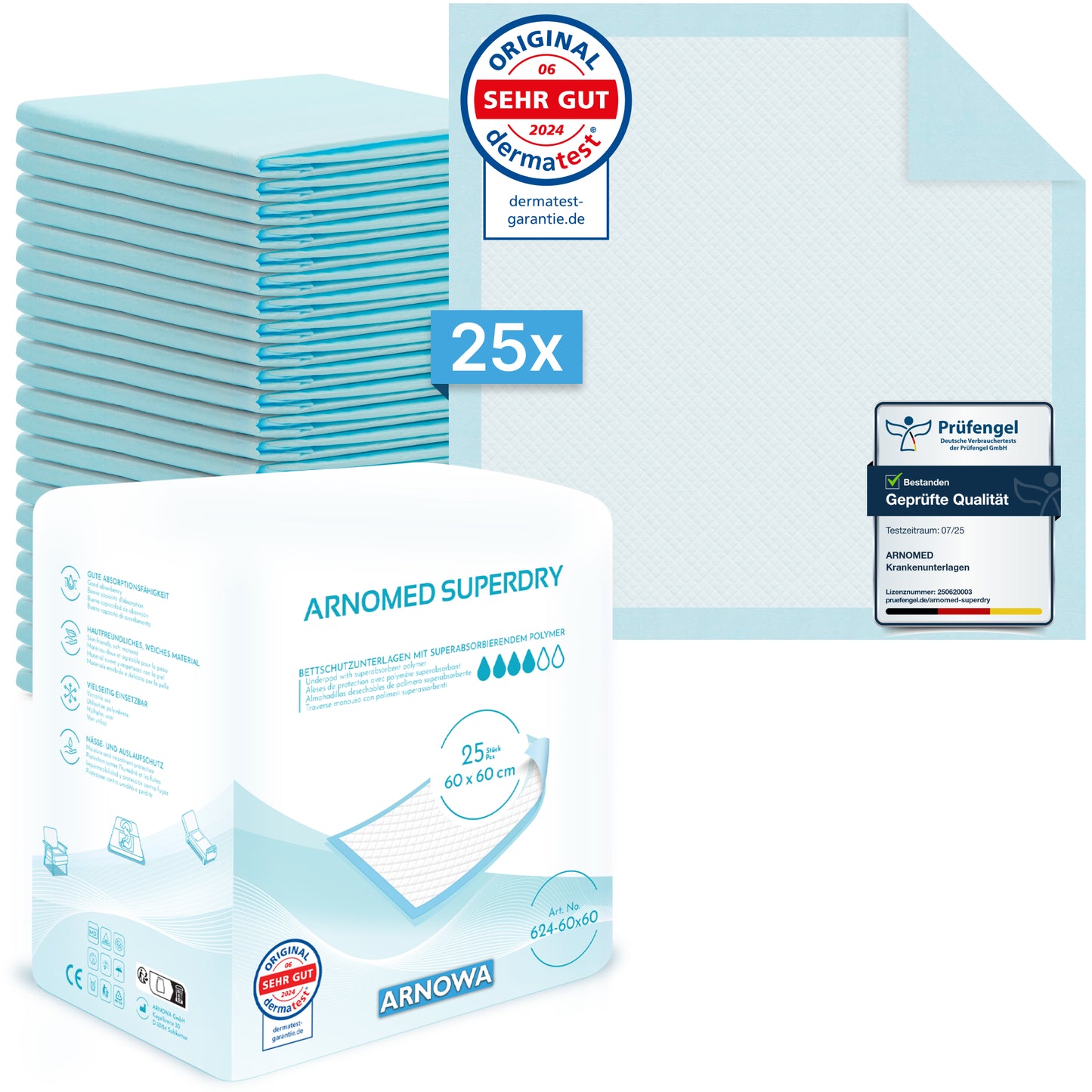 Pakkaus, jossa 25 ARNOMED SUPERDRY imukykyistä sairaalapatjaa SAP:lla (60x60 cm) ARNOWA GmbH:lta, sisältää pinon patjoja, laatumerkin ja dermatest badge-perfect inkontinenssisuojan superabsorber-teknologian ansiosta.