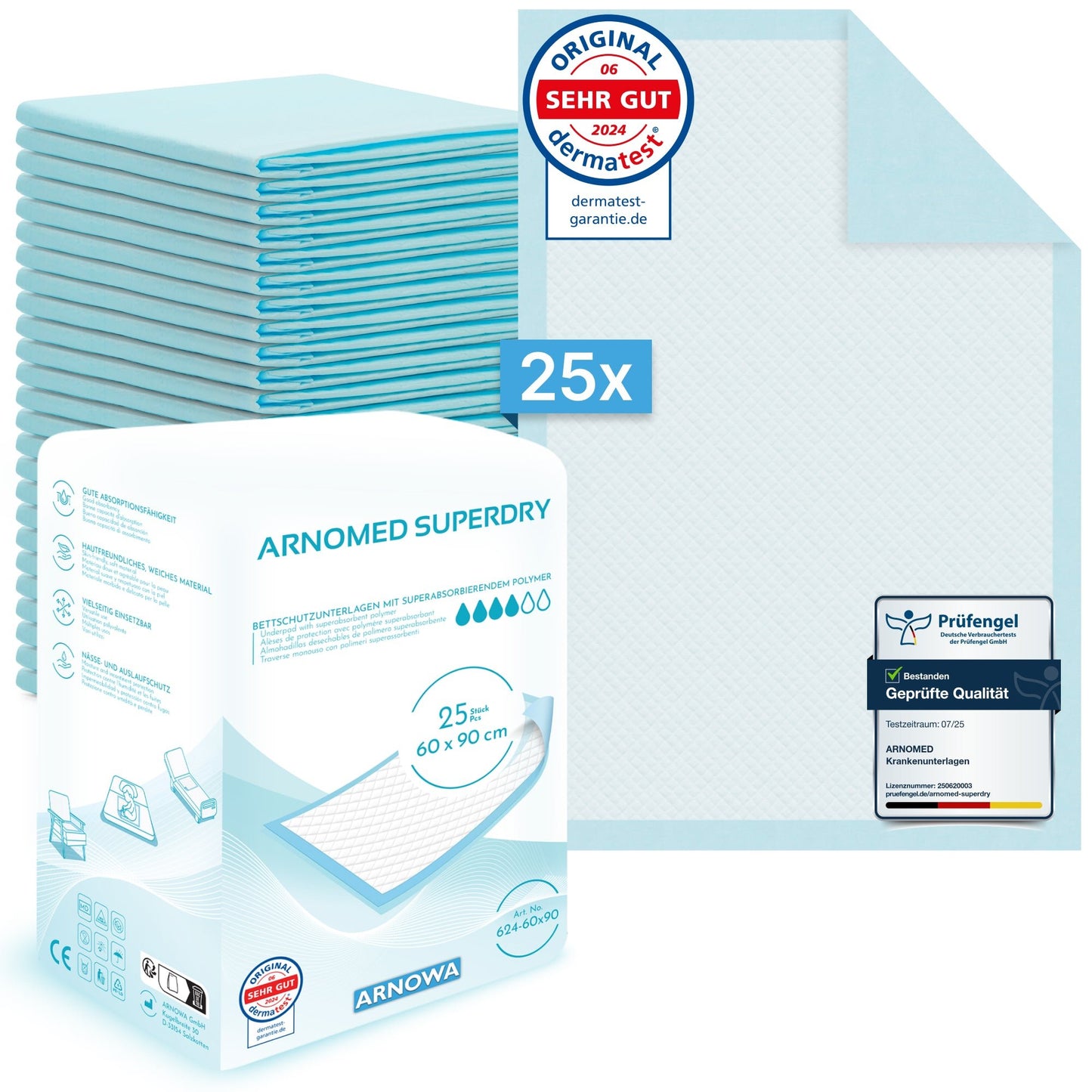 Kuvassa on pakkaus ARNOMED SUPERDRY imukykyisiä sairaalapatjoja SAP:lla ARNOWA GmbH:lta, sisältäen pinon sinisiä ja valkoisia patjoja, patjan leikkauksen, etiketit 25 kappaleelle, superabsorber-teknologian, sertifikaatit ja koon 60 x 90 cm.