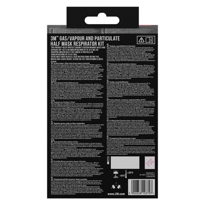 3M™ puolinaamari 6200 uudelleenkäytettävä, keskikokoinen | Pakkauksen (1 kpl) 3M Deutschland GmbH:n takana on turvallisuusohjeita, tuotetietoja ja viivakoodeja valkoisella tekstillä mustalla taustalla.