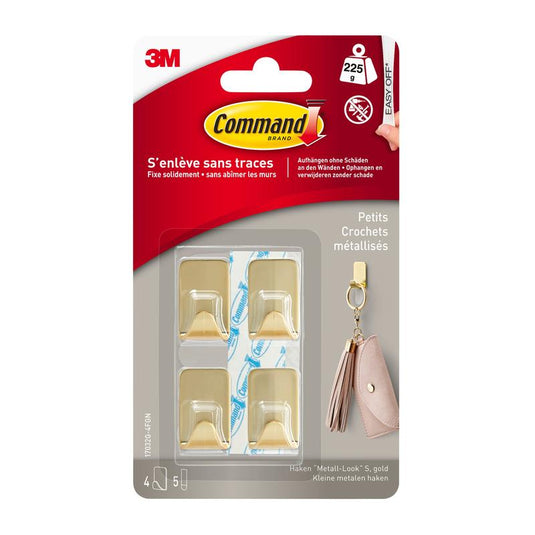 3M Deutschland GmbH:n Command™-metallikoukut, koko S, kultaiset (17032BR-4ES), sisältävät 4 koukkua ja 5 kiinnitysnauhaa, jotka mahdollistavat pinnoita vahingoittamattoman kiinnityksen – ihanteellinen avainperien ja muiden esineiden ripustamiseen.