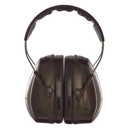 Vihreä 3M™ PELTOR™ Optime™ II -kuulonsuojain H520A (SNR 31 dB) 3M Deutschland GmbH:lta, tässä edestä pehmustetulla pääpannalla ja säädettävillä metallisangoilla, tarjoaa luotettavaa kuulonsuojausta. Pakkaus: 1 kappale.