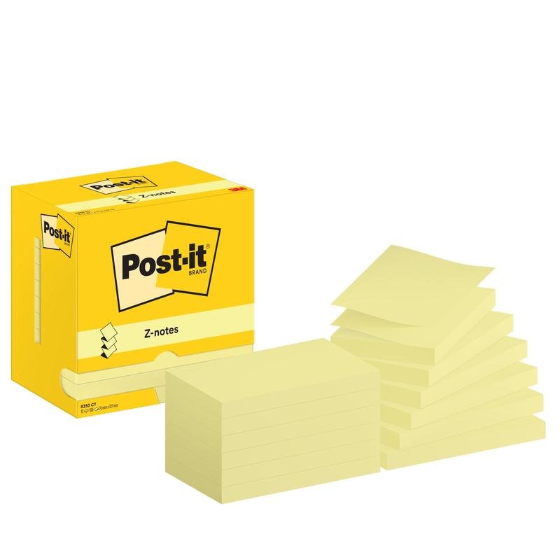 Keltainen laatikko, jossa on teksti "Post-it® Super Sticky Z-Notes Promotion, 76 mm x 127 mm, 100 arkkia/lohko, kartonkipakkaus, 100% PEFC" 3M Deutschland GmbH:lta on kuvattu kahden epätasaisen keltaisen Z-Notes-pinkan vieressä, joiden kansilehdet ovat koholla valkoisella taustalla.