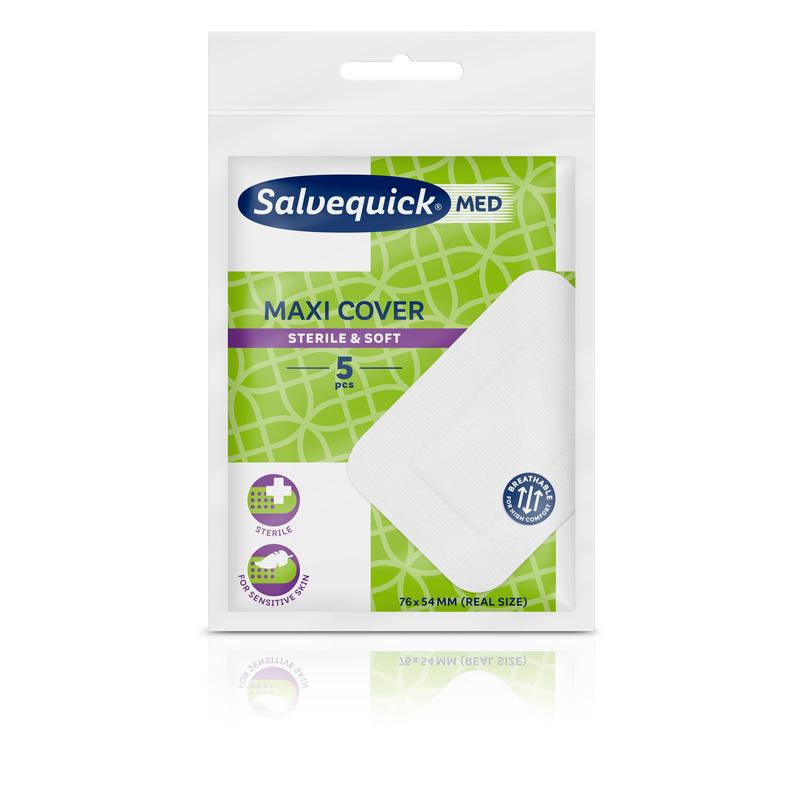 Abgebildet ist eine Packung Salvequick Maxi Bezug 76x54 mm Wundauflagen von Orkla Wound Care AB. Die grün-weiße Schachtel enthält 5 sterile, weiche Wundauflagen und zeigt auf der Vorderseite Produktinformationen sowie eine Abbildung der Wundauflage.