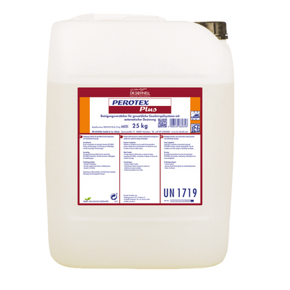 Ein weißer 25 kg Kunststoffbehälter der DR.SCHNELL GmbH & Co. KGaA PEROTEX PLUS Geschirrreiniger für gewerbliche Spülmaschinen ist mit einem rot-weißen deutschen Etikett mit Details und einem schwarzen Schraubverschluss versehen.