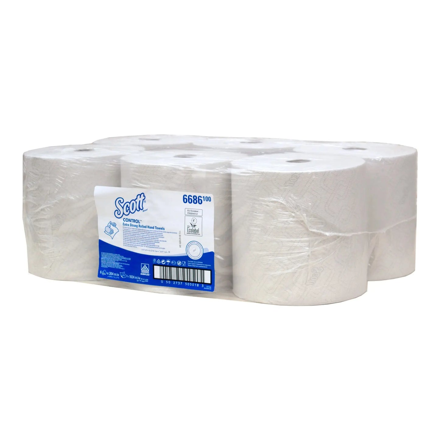 Yksi pakkaus Kimberly-Clark GmbH:n Scott® EXTRA STRONG -käsipyyhkeitä sisältää kuusi valkoista rullaa, jotka on kääritty yksittäisinä arkkina ja pakattu siististi laatikkoon, jossa on selkeä merkintä tuotteen helppoa tunnistamista varten.