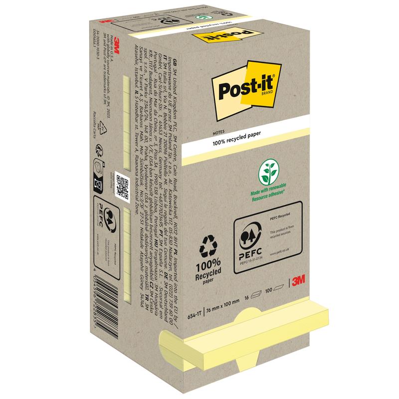 Beigenvärinen laatikko Post-it® kierrätysmuistilappuja (76x76 mm, 100 arkkia, 100% PEFC) 3M Deutschland GmbH:lta näyttää tuotetiedot, kierrätyssymbolit, PEFC-sertifikaatin ja 3M-logon. Keltaiset muistilaput ovat osittain näkyvissä pohjassa.