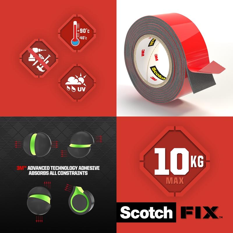 Kollaasi näyttää kuumuus-, vesi- ja UV-kestävyysymbolit, Scotch-FIX™ Extreme kaksipuolisen ulkokiinnitysteipin 3M Deutschland GmbH:lta, liimadiagrammin ja tekstin: "10 KG MAX" ja "Scotch FIX".