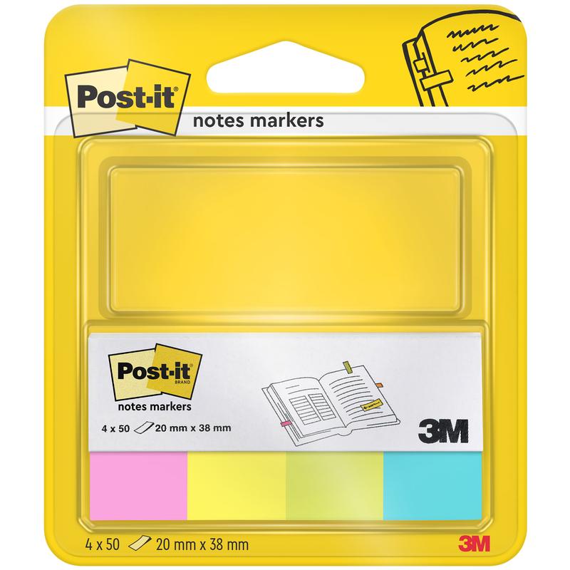 Yksi 3M Deutschland GmbH:n Post-it® Page Marker -pakkaus sisältää neljä lohkoa, joiden koko on 20 mm x 38 mm (kukin 50 arkkia, 100% PEFC) väreissä keltainen, vaaleanpunainen, vihreä ja sininen. Pakkaus on varustettu kirjaillustratiolla ja tuotetiedoilla.