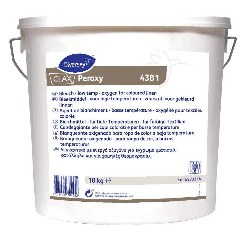 10 kg:n valkoinen Clax Peroxy -valkaisuaineämpäri Diversey Deutschland GmbH & Co. OHG:lta, happipohjainen värilliselle pyykille matalissa lämpötiloissa, monikielinen etiketti ja symbolit, harmaa kahva.