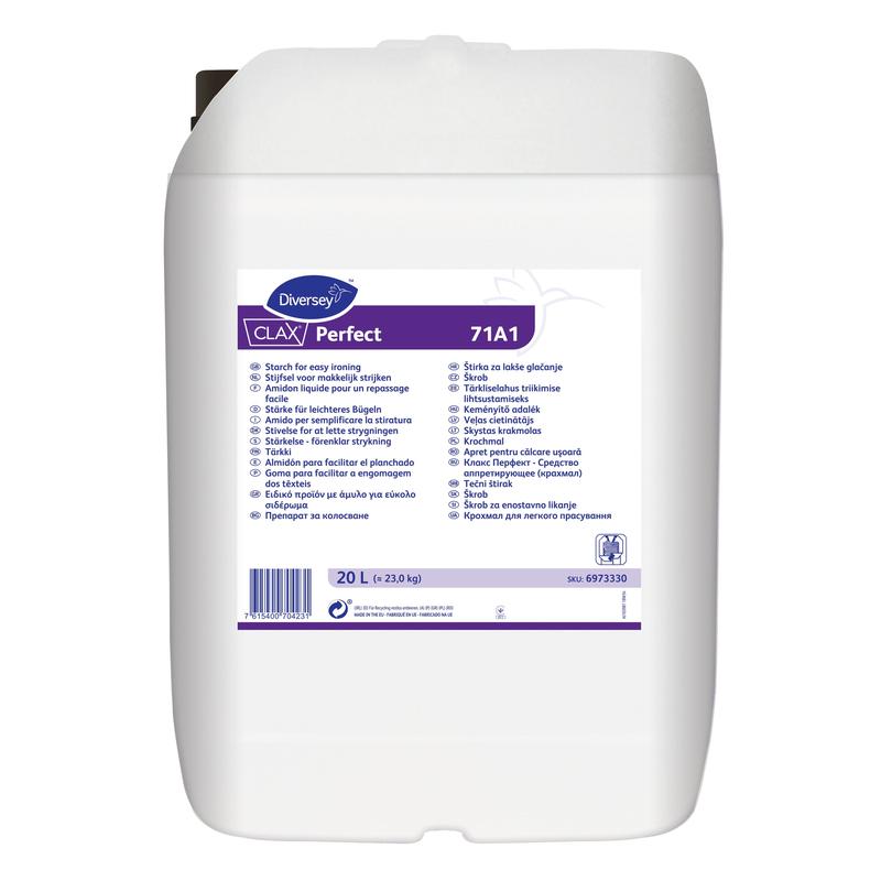 Valkoinen 20 litran muovisäiliö, jossa on merkintä "Diversey Deutschland GmbH & Co. OHG Clax Perfect 71A1, Luonnollinen nestemäinen tärkkelys". Ihanteellinen ammattimaiseen tekstiilien puhdistukseen; etiketti sisältää tietoja useilla kielillä ja viivakoodin.