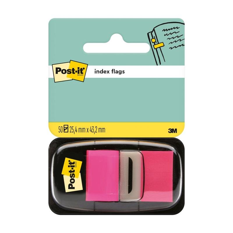 Pakkaus sisältää 50 Post-it® Index -lippua (25,4 mm x 43,2 mm) 3M Deutschland GmbH:lta, väriltään vaaleanpunainen, pakkauksessa on tuotetiedot ja Post-it®-logo.