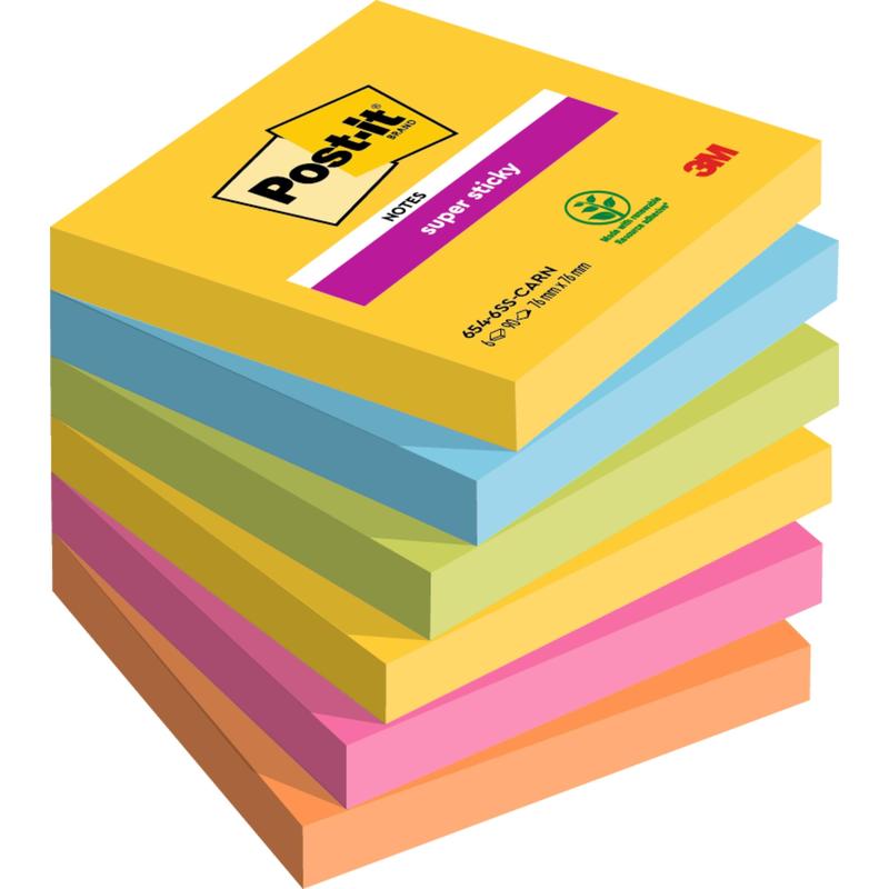 Pino seitsemän Post-it® Super Sticky Notes, 76 mm x 76 mm, 90 arkkia/lohko, eri väreissä, ylimmän keltaisen lohkon näyttäessä Post-it- ja 3M-logon. Valmistettu 3M Deutschland GmbH, 100% PEFC-sertifioitu.