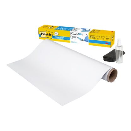 Rulla Post-it® Easy Erase Whiteboard -pintaa 3M Deutschland GmbH:lta, sen vieressä kelta-sininen pakkaus, pieni suihkepullo ja taiteltu musta liina valkoisella taustalla.