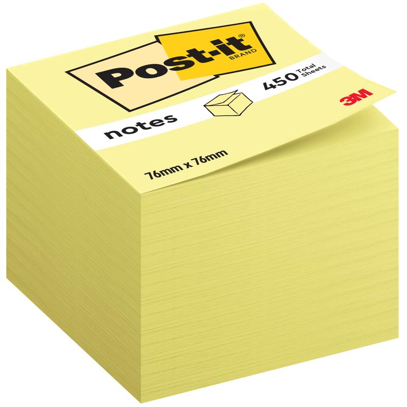 Pino keltaisia Post-it® Notes kuutioita, 76 x 76 mm, 450 arkkia per lohko, 3M-logo oikeassa alakulmassa etiketissä. Sisältää yhden lohkon per pakkaus ja koostuu 100% PEFC-sertifioidusta paperista.