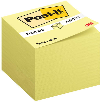 Pino keltaisia Post-it® Notes kuutioita, 76 x 76 mm, 450 arkkia per lohko, 3M-logo oikeassa alakulmassa etiketissä. Sisältää yhden lohkon per pakkaus ja koostuu 100% PEFC-sertifioidusta paperista.