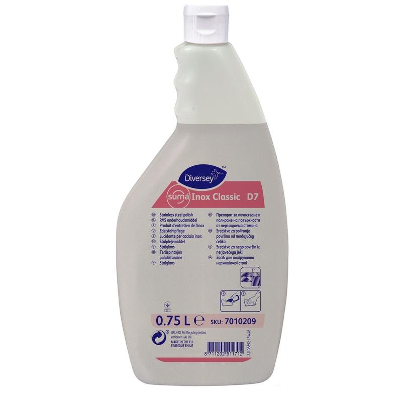 750 ml:n pullo Suma Inox Classic D7 ruostumattoman teräksen hoitoainetta (öljyinen) Diversey Deutschland GmbH & Co. OHG:lta tarjoaa loistavaa kiiltoa ja korroosiosuojaa ruostumattomalle teräkselle, sisältää etiketin ohjeilla, käyttömerkeillä ja valkoisella korkilla.
