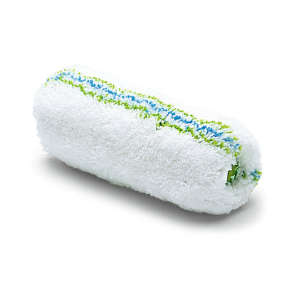 Nölle Profi Brush Meisterflor Universalwalze (Ø 44 mm, nukan korkeus 18 mm) Nölle Profi Brush Bürsten- & Pinseltechnik e.K.:lta on valkoinen maalaustelapeite, jossa on sinisiä ja vihreitä raitoja, ja se soveltuu täydellisesti maalaustöihin ja on kuvattu uudelleen yksinkertaisella valkoisella taustalla.