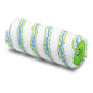 Die Nölle Profi Brush Meisterflor Jumbowalze Ø 55 mm von Nölle Profi Brush Bürsten- & Pinseltechnik e.K. ist ein flauschiger weißer Farbrollerbezug mit blauen und grünen Streifen, ideal für Wandfarben und Profi-Maler. Grüner Kunststoffkern an einem Ende sichtbar.