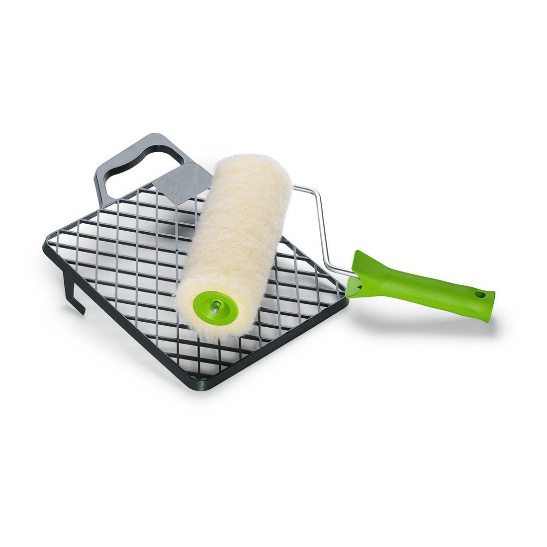 Nölle Profi Brush -maalitelasetti Vestan (Ø 42 mm, nukan korkeus 20 mm), teleskooppivarsille sopiva, Nölle Profi Brush Bürsten- & Pinseltechnik e.K., lepää metallisella maalausritilällä kahvan kanssa valkoista taustaa vasten.