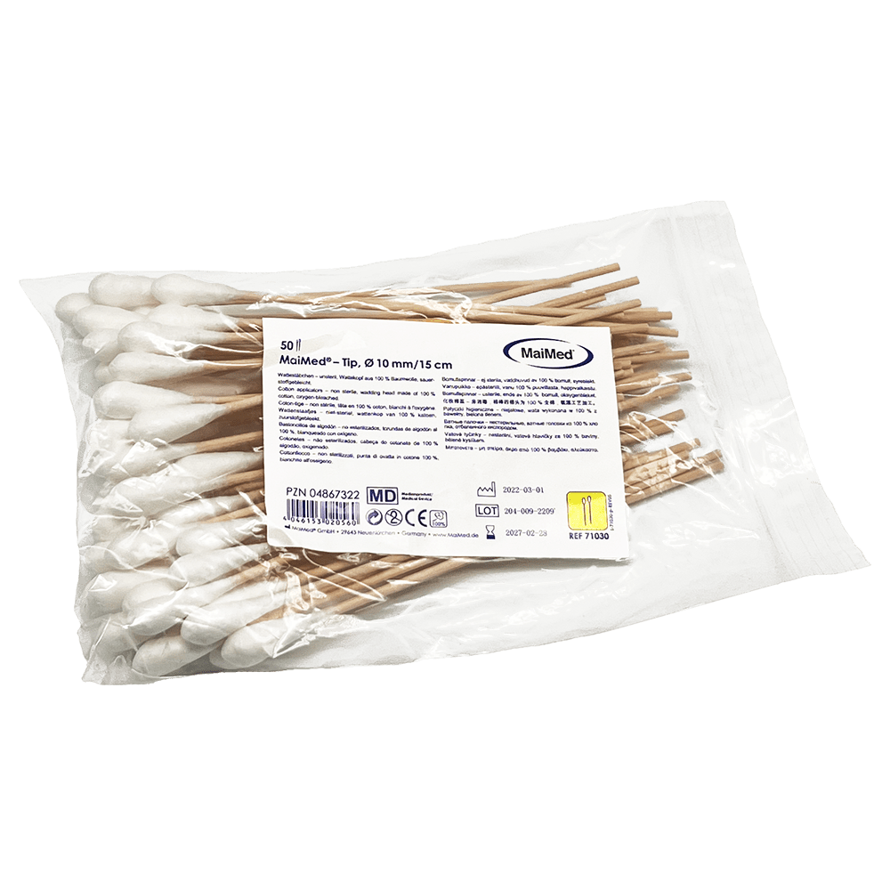MaiMed - Kärki ei-steriili vanupuikko, 15 cm pitkä, puutikku | Pakkaus (100 kpl)