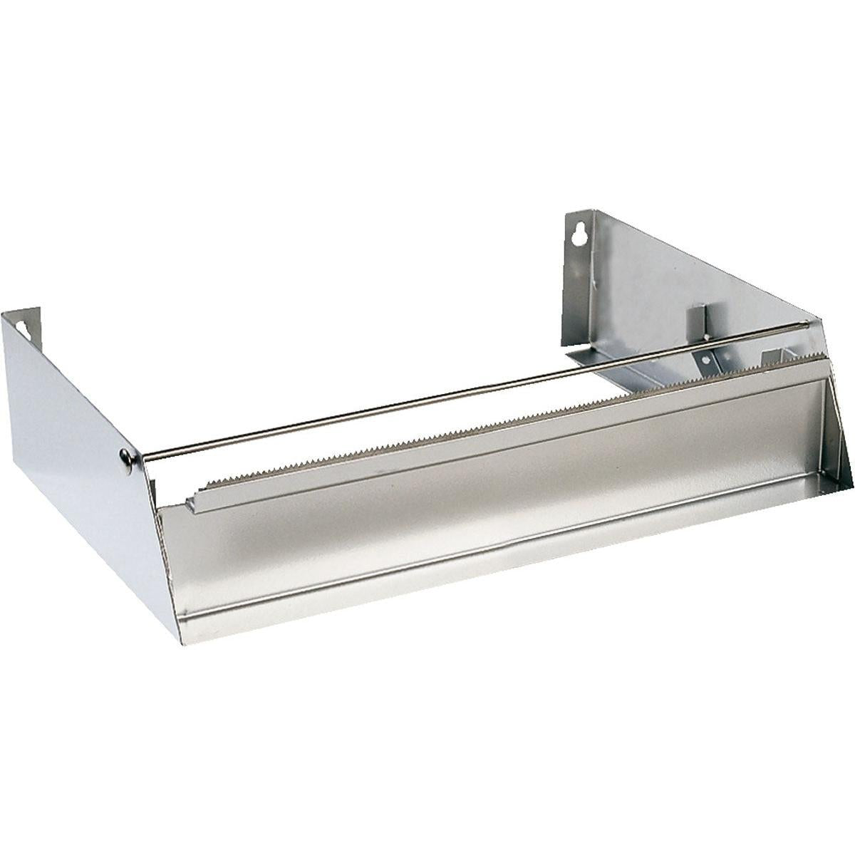 Duni GmbH:n 450 mm:n kalvolle harmaa teräksinen annostelija on metallinen annostelija, jossa on sahalaitaiset reunat ja vaakasuora tanko rullien leikkaamiseen ja pitämiseen, rei'illä helppoa seinäasennusta varten. Pakkaus: 1 kappale.