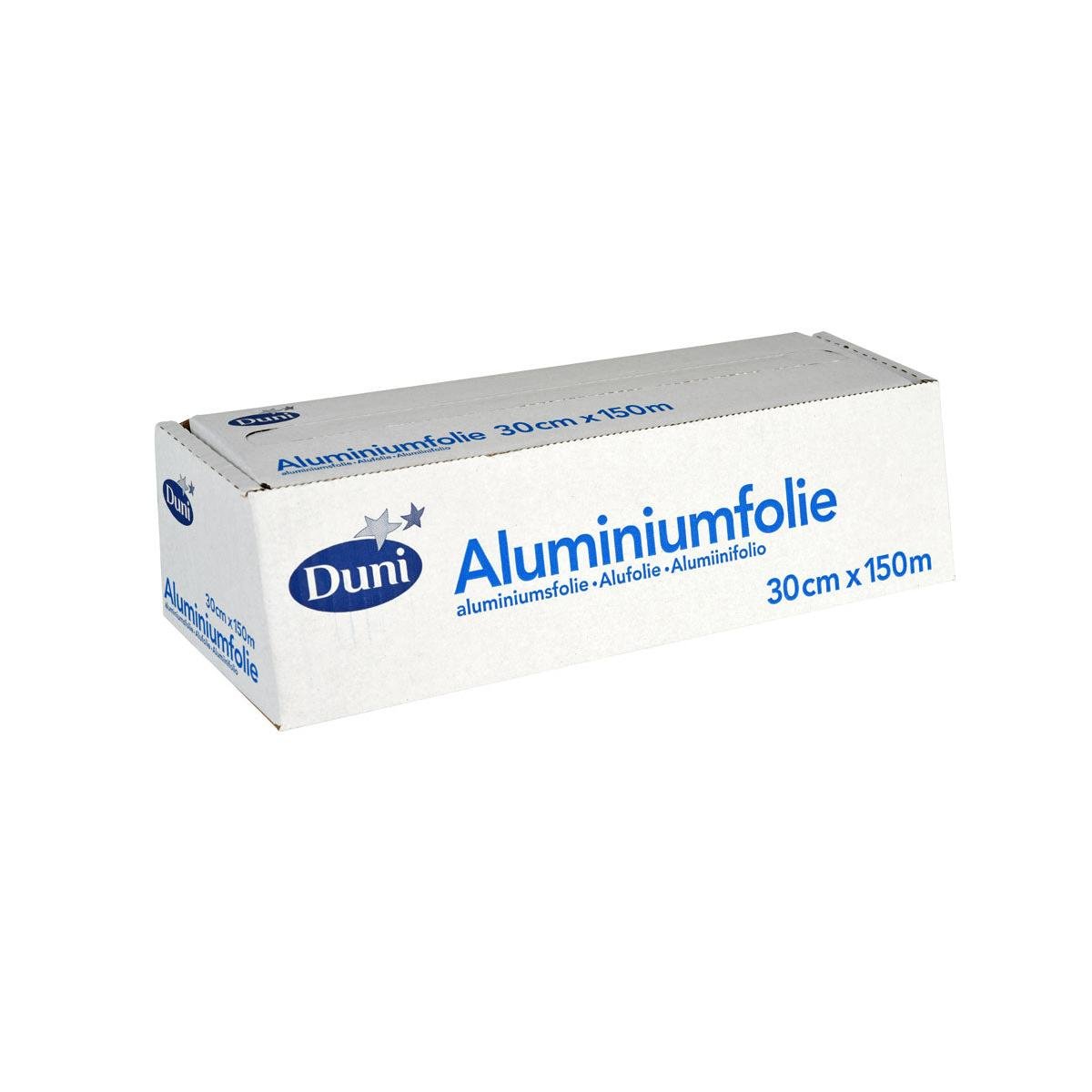 Suorakulmainen hopeinen alumiinifoliokäärekartonki Duni GmbH:lta, sinisellä merkinnällä "Alumiinifolio", 30 cm x 150 m, ihanteellinen kuumuutta kestäville elintarvikepakkauksille.