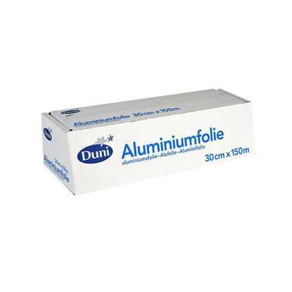 Suorakulmainen hopeinen alumiinifoliokäärekartonki Duni GmbH:lta, sinisellä merkinnällä "Alumiinifolio", 30 cm x 150 m, ihanteellinen kuumuutta kestäville elintarvikepakkauksille.