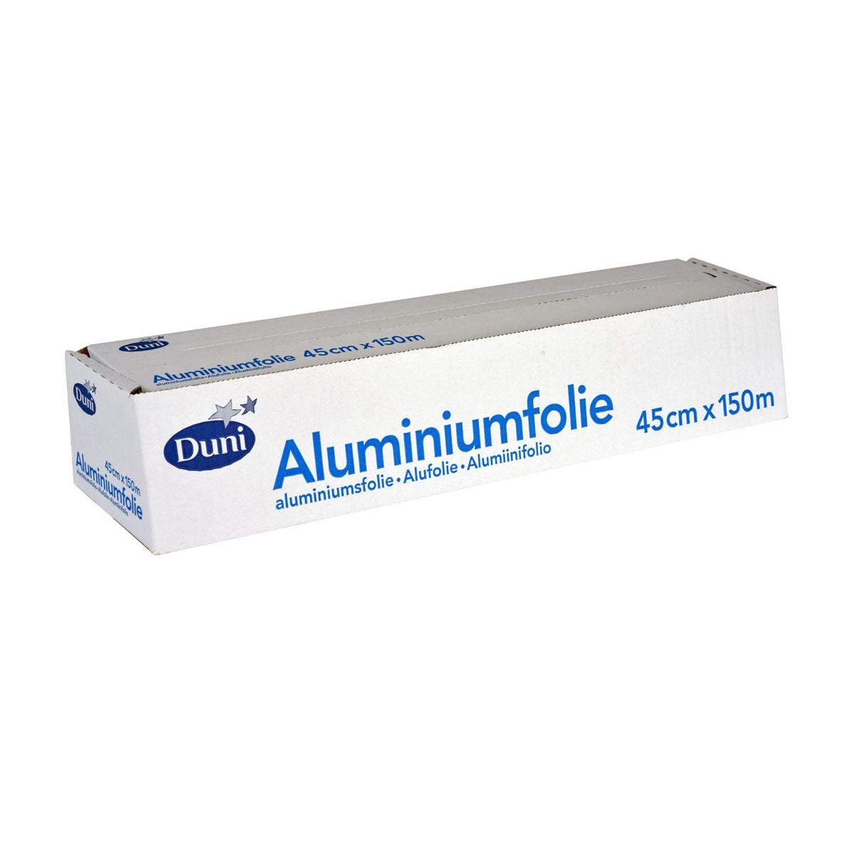 Duni GmbH:n alumiinifolio, hopeinen ALU-käärekartonki on suorakulmainen hopeinen rulla, merkitty "Alumiinifolio", kuumuutta kestävä ja ihanteellinen elintarvikepakkauksille, mitat 45 cm x 150 m.